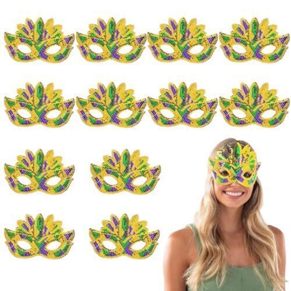6783 8" x 5 1/4" Gold, Green & Purple Mardi Gras Masks with Sequin Feathers